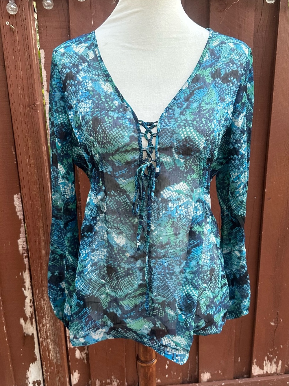 Mixit Blue and Green Lace-Up V-Neck Sheer Blouse